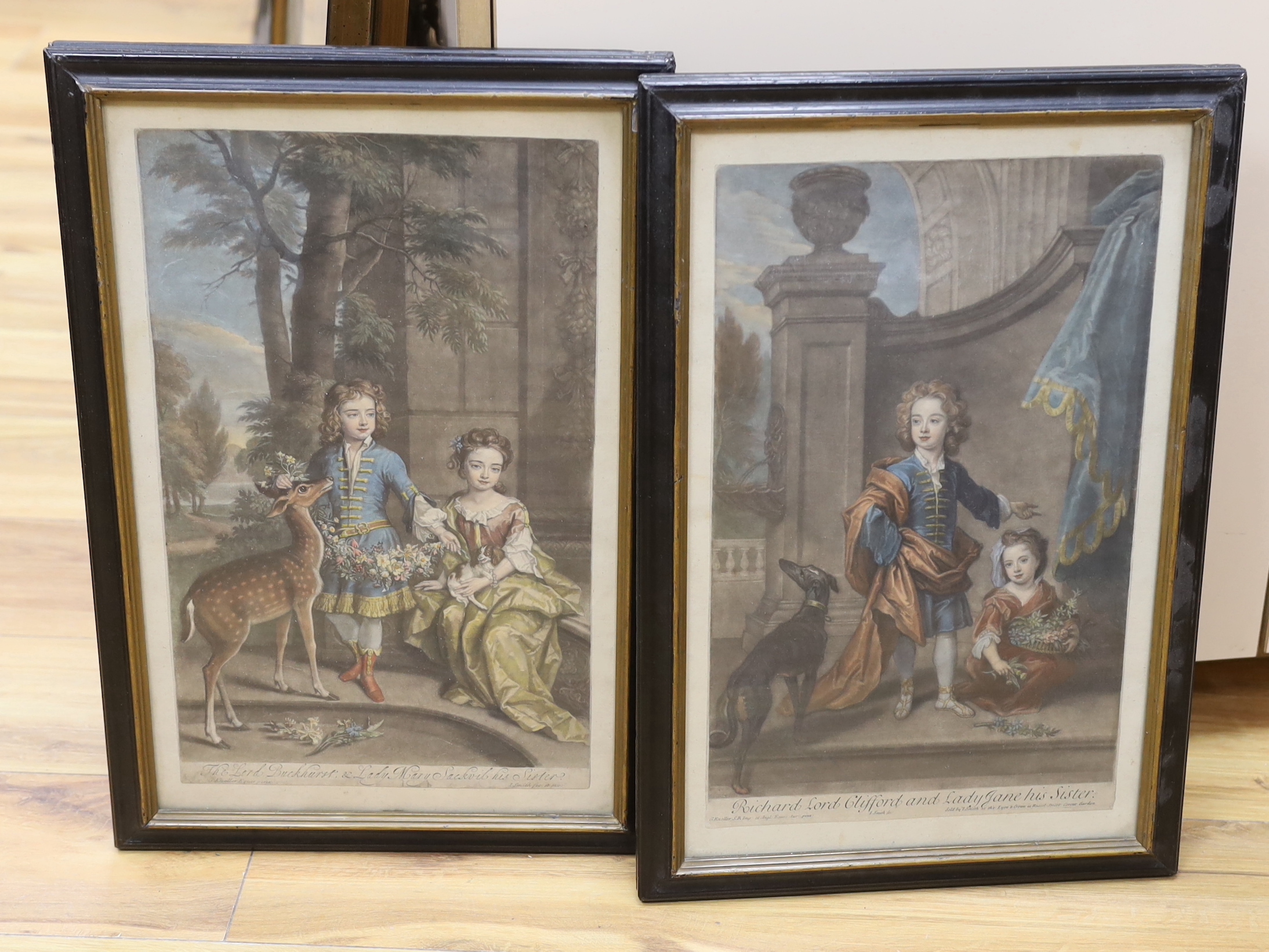 Smith after Kneller, pair of hand coloured mezzotints, 'Lord Buckhurst and Lady Mary Sackvil, his sister' and 'Richard Lord Clifford and Lady Jane, his sister', 40 x 25cm